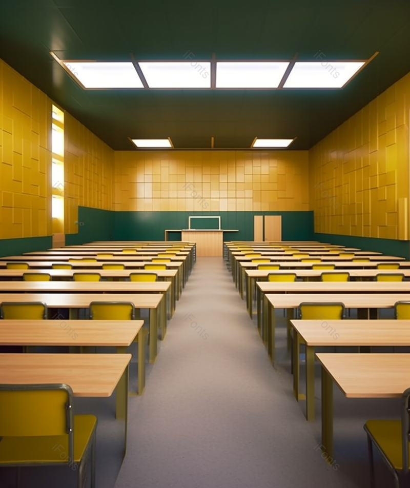 黄色墙壁装饰空的大学教室里有两排椅子,高清,摄影图,摄影图片,图片大全,摄影图免费下载
